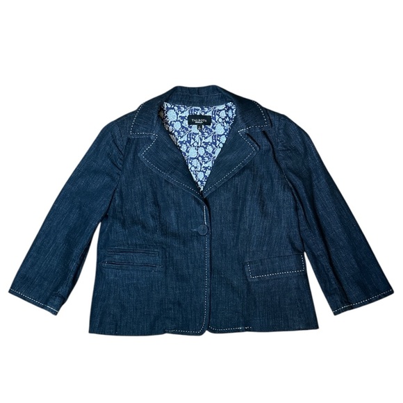 Talbots navy dark wash fully lined fitted denim single closure jacket 3/4 sleeve - Picture 1 of 13